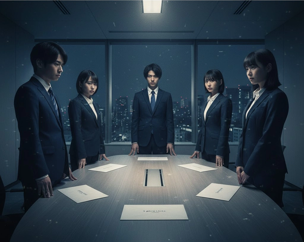 夜景が見える高層ビルの会議室で、テーブルを囲むスーツ姿の5人の日本人大学生。全員が緊張した面持ちで、テーブルの上には各自の履歴書らしき書類が置かれている。