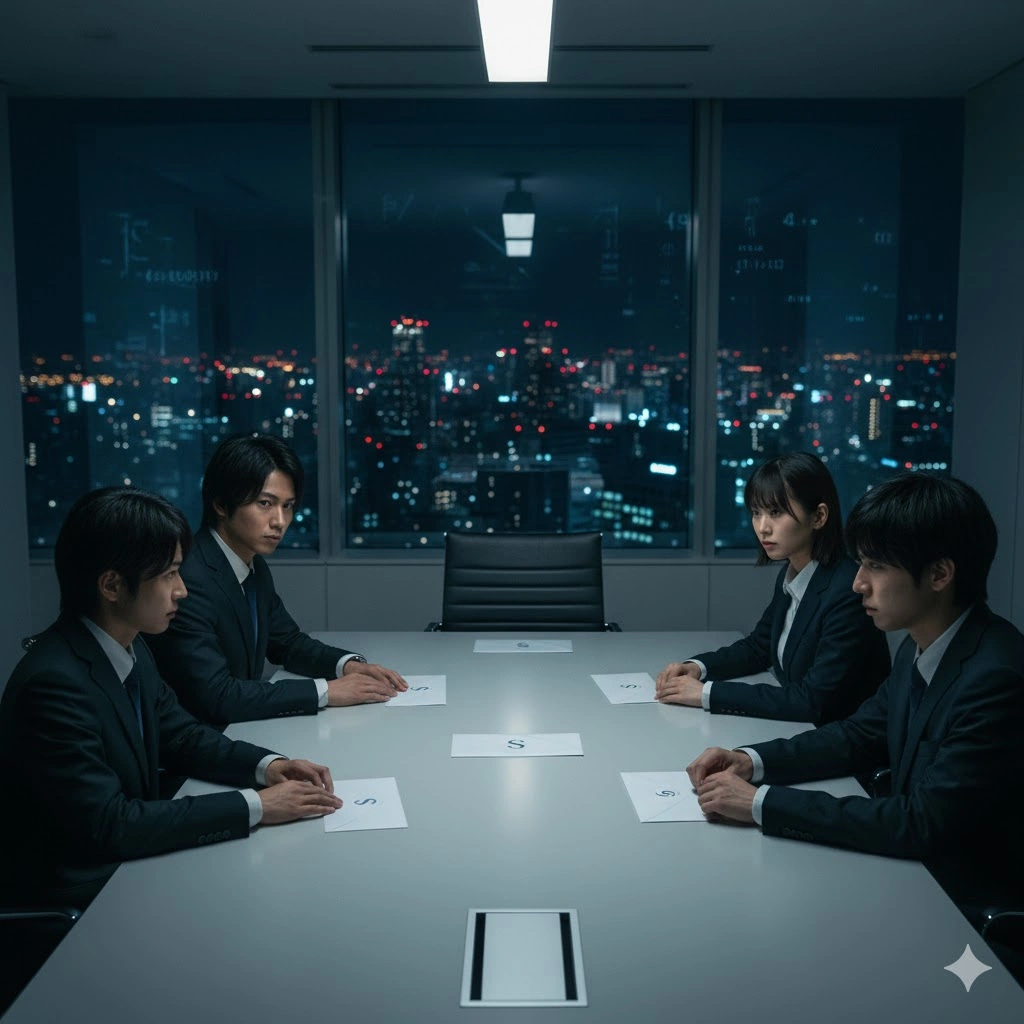 深夜のオフィスで、窓から見えるきらめく夜景を背景に、長机を挟んで座る4人の日本人学生。彼らの前には封筒が置かれ、それぞれが疑いの眼差しを向けている。