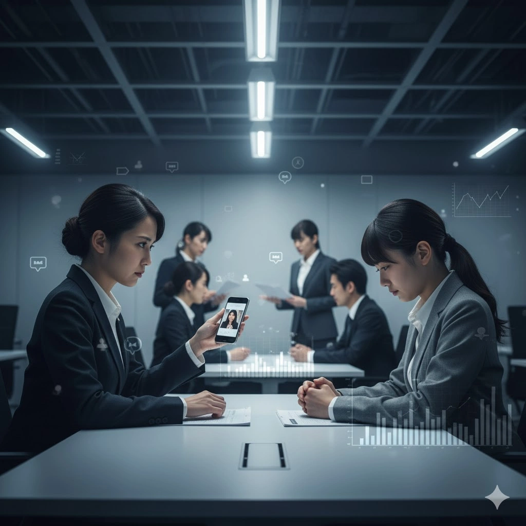 静かな会議室で、一人の日本人女性がスマートフォンを使い、別の女性に何かを見せている。二人の間には緊張感が漂い、他の数人の日本人も背景で書類を見ている。