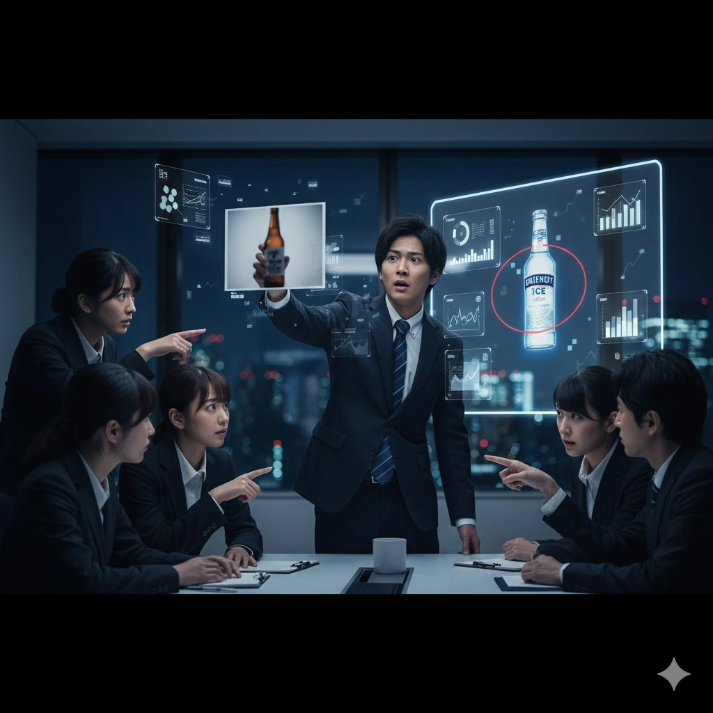 暗い会議室で、一人の日本人男性が空中に浮かぶビールのボトルと白いボトルの画像を指差し、熱く何かを説明している。周りの5人の日本人学生は彼を指差したり、驚いたりしている。