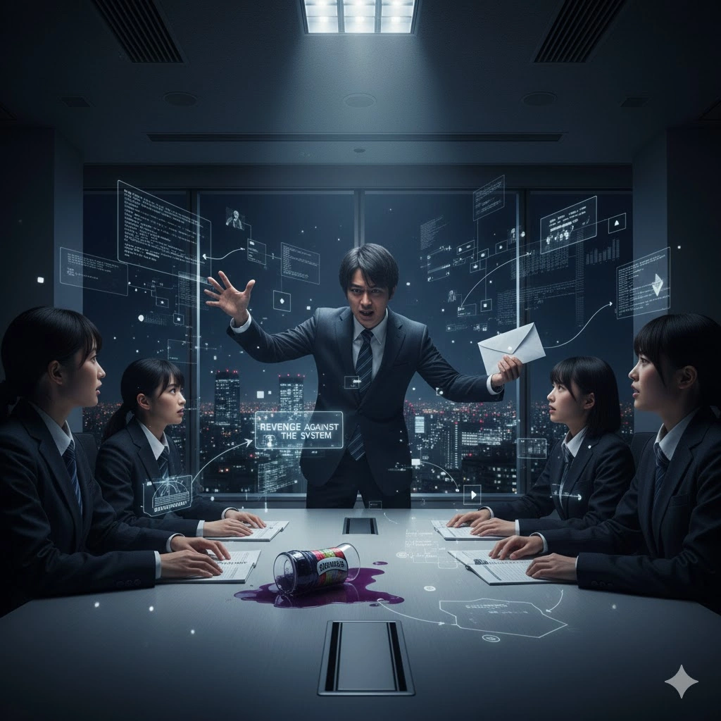 広がる夜景を背景に、会議室の中央でスーツを着た日本人男性が封筒を持ち、両手を広げて激しく訴えかけている。テーブルにはワイングラスが倒れ、中身がこぼれている。