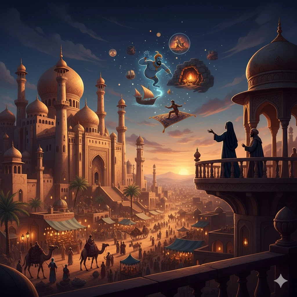 夕暮れのバグダッドの街並みを背景に、宮殿や市場、空飛ぶ絨毯に乗る人物、ランプの魔神、船、洞窟などが幻想的に描かれた千夜一夜物語のイメージ