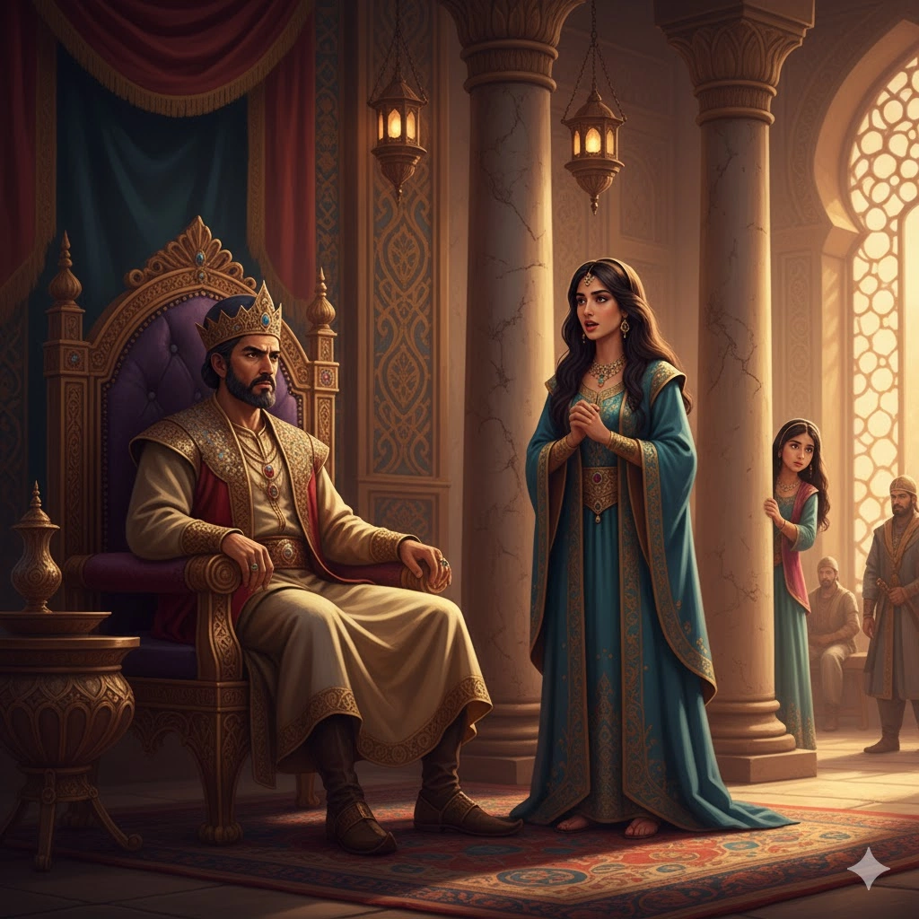 宮殿の豪華な玉座に座るシャフリヤール王と、王に物語を語りかけようとする聡明なシェヘラザード、そして彼女の妹ドニアザードが描かれている
