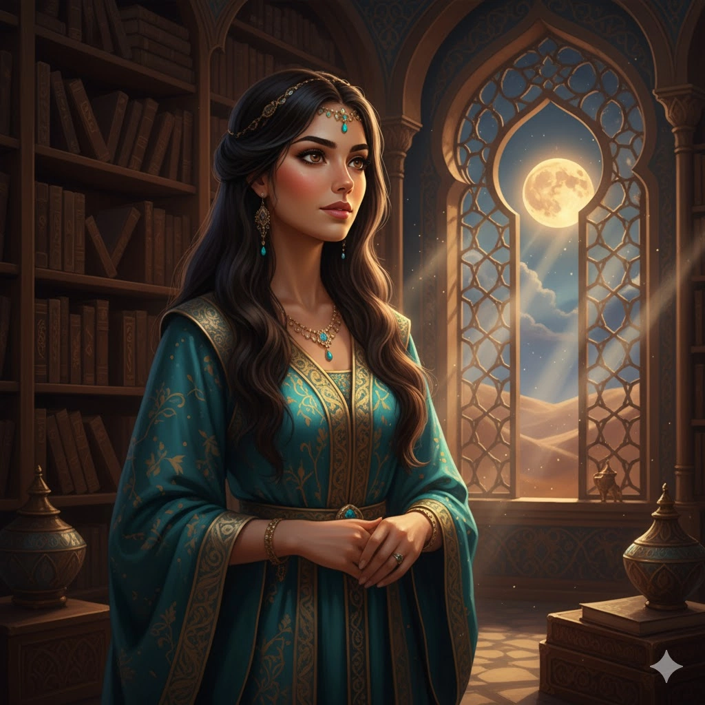明かりが差し込む書庫で、知的な表情を浮かべ物語を紡ぐシェヘラザードの姿