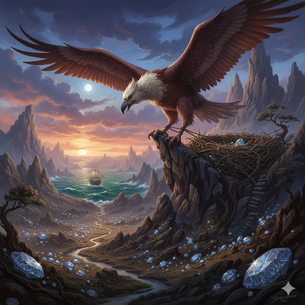 巨大な怪鳥ロク(ルフ)が巣にとまり、ダイヤモンドが散りばめられた谷と海に浮かぶ船を背景にしたシンドバードの冒険物語の情景