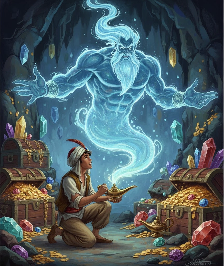 財宝が散らばる洞窟の中で、魔法のランプをこすると現れた巨大な魔神と、願い事をしようとするアラジンの姿