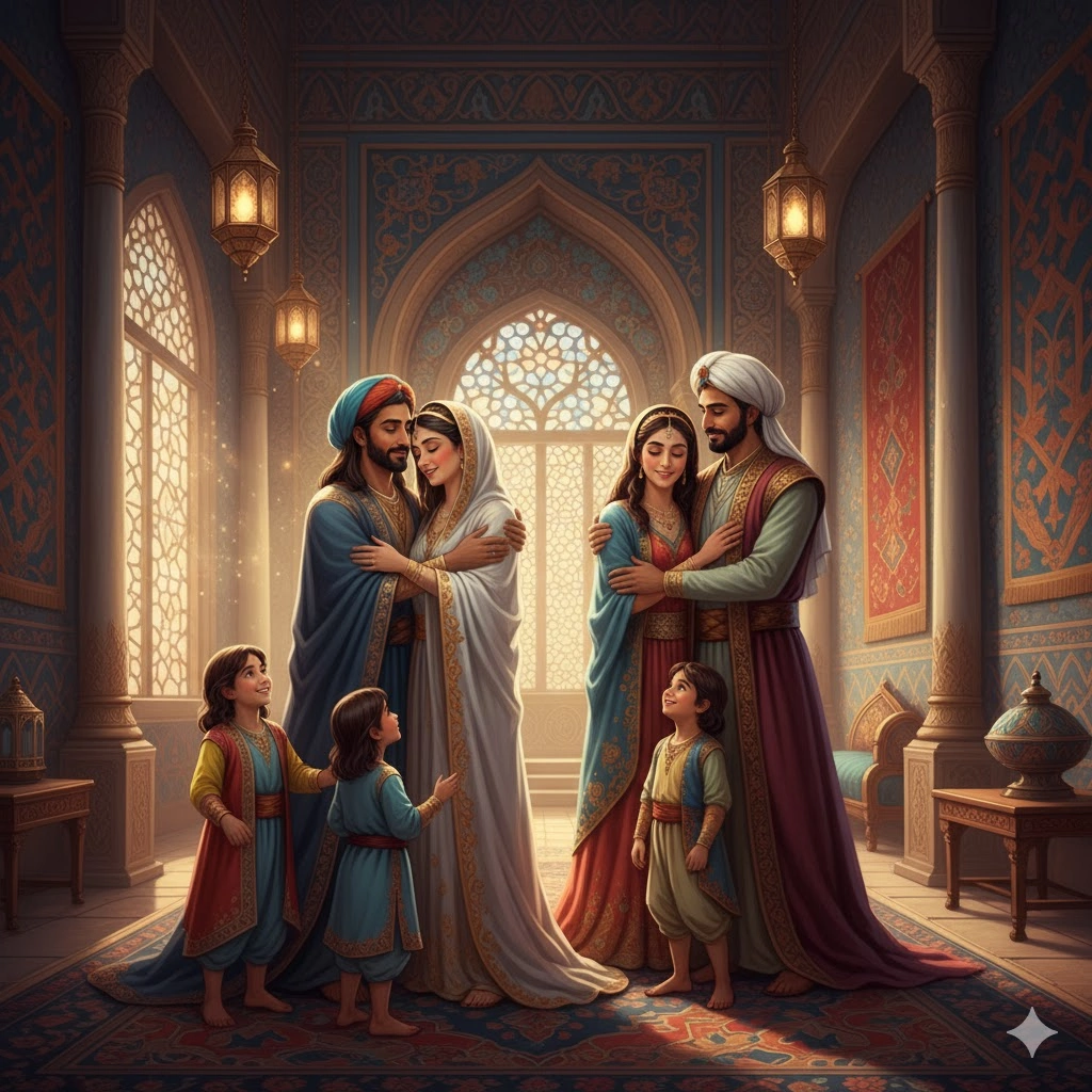 宮殿で王と抱き合い、3人の子供たちに囲まれて喜ぶシェヘラザード、そして隣で抱き合う妹ドニアザードと弟王シャハザマーンの姿