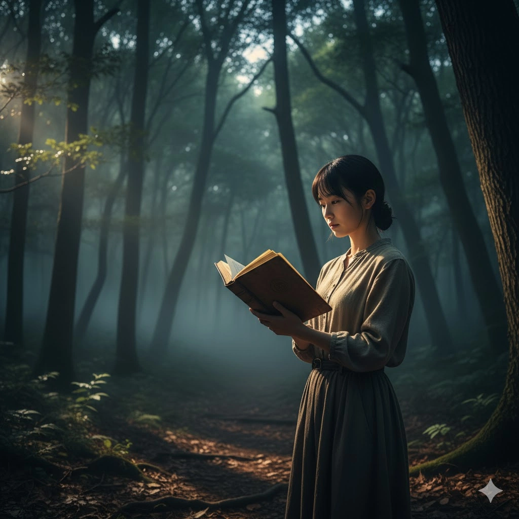 暗くミステリアスな雰囲気の森の中に立つ若い日本人女性が、手にした古びたノートに目を落としている。彼女の表情は複雑で、物語の深淵を思わせる。