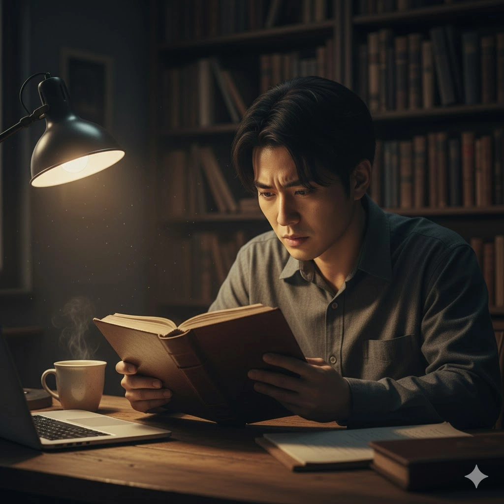 薄暗い部屋で、一人の若い日本人男性が古い手記を真剣な表情で読んでいる。彼の傍らにはコーヒーカップが置かれ、集中した雰囲気が漂う。