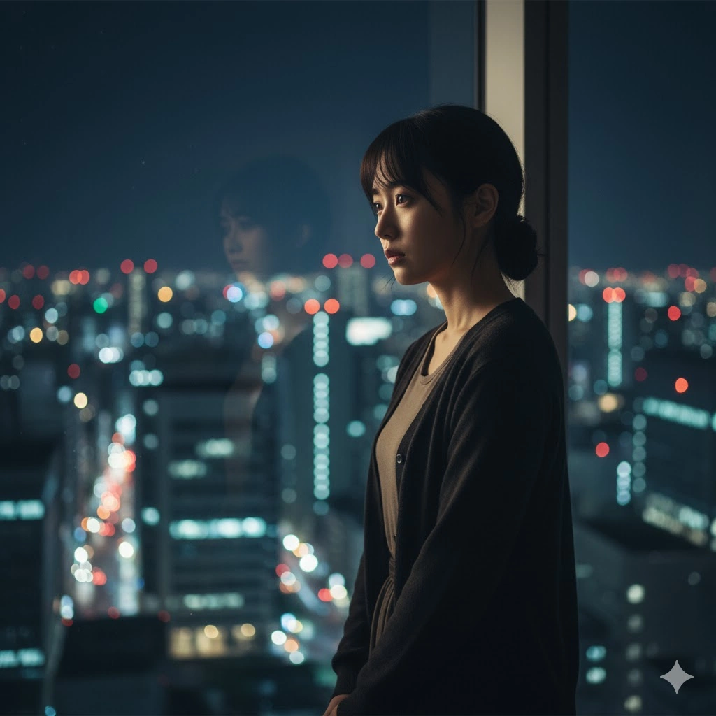 どこか寂しげなオフィス街の夜景を背景に、窓辺に立つ若い日本人女性が物憂げな表情で遠くを見つめている。彼女の心に秘めた過去が感じられる。