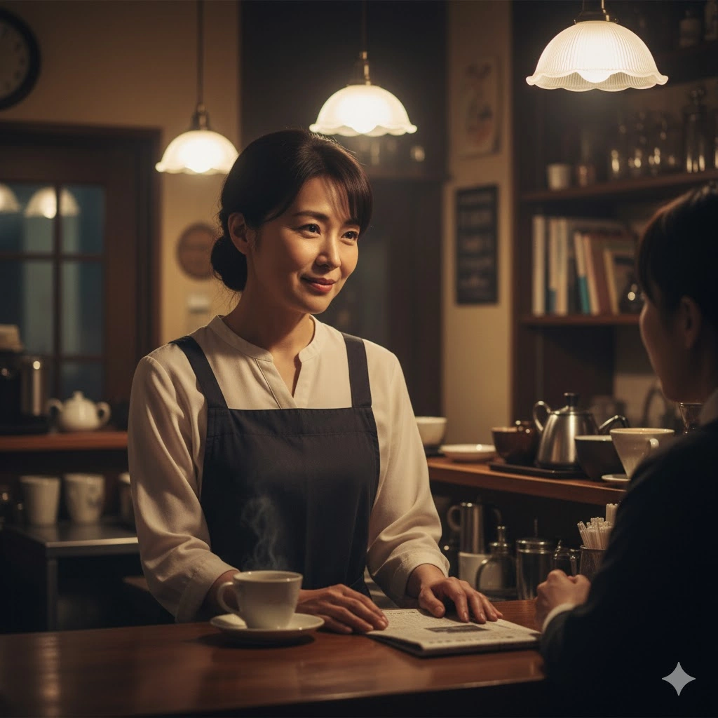 落ち着いた雰囲気の喫茶店で、中年の日本人女性がカウンター越しに客と会話している。彼女の穏やかな笑顔の裏には、何か秘められたものがあるかのような表情。