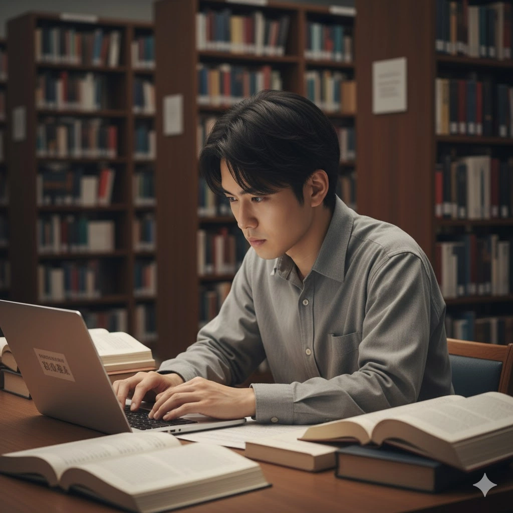 図書館の本棚の前で、若い日本人研究者がPCに向かい、熱心に情報を検索している。彼の背後には無数の書籍が並び、知的好奇心を満たす雰囲気が漂う。