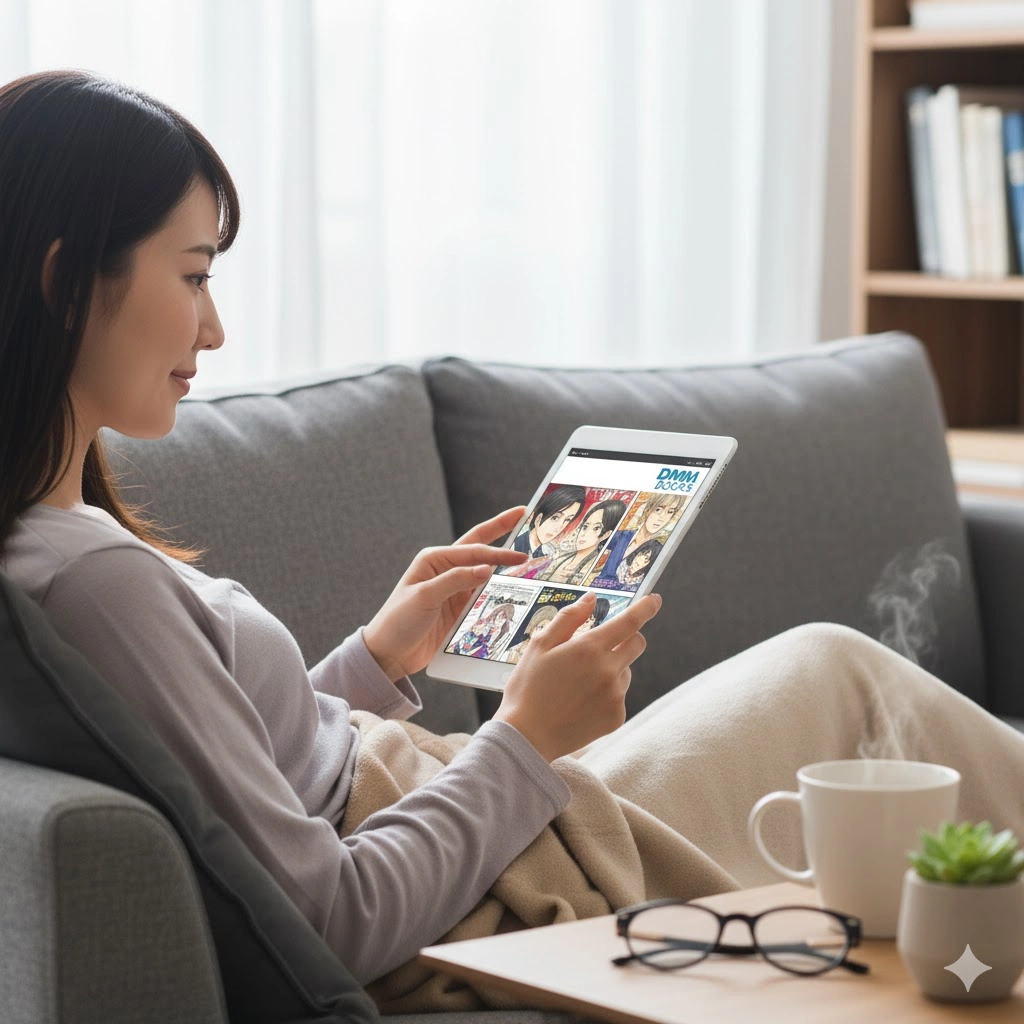 自宅のソファでくつろぎながら、タブレットで電子書籍を読む若い日本人女性。快適な読書体験を示唆している。