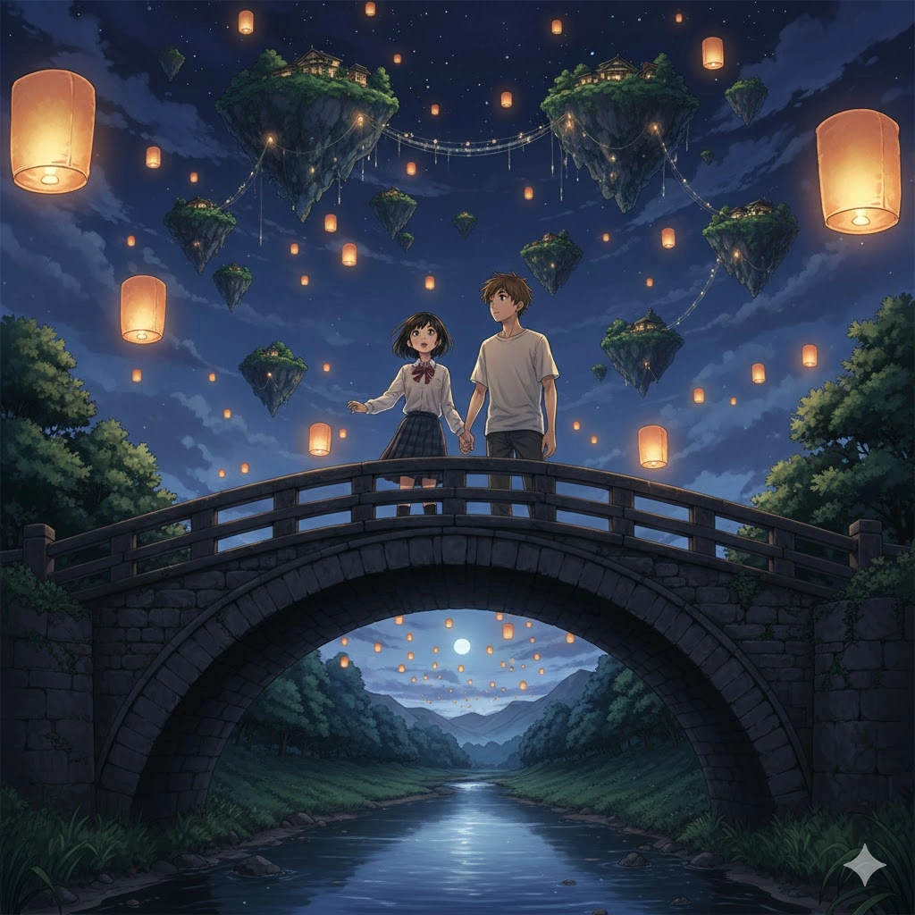 星空とランタンが浮かぶ夜空の下、橋の上で手をつなぎ、穏やかな表情で歩く制服姿の男子学生と女子学生。