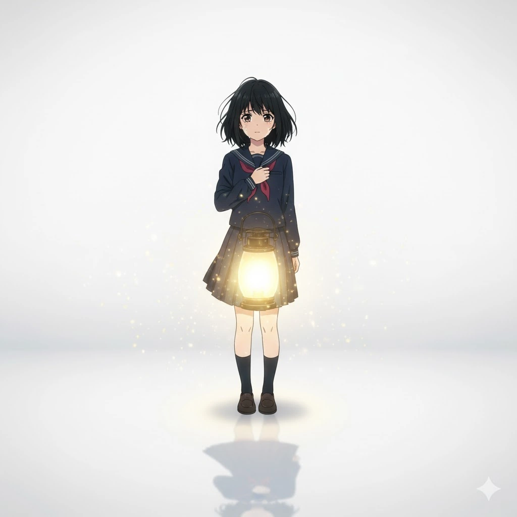 白い背景の中央に立つセーラー服の女子学生が、胸元に抱えたランタンの暖かい光に照らされている。