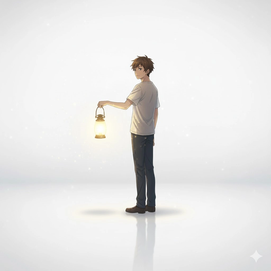 白い背景の中央に立つ男子学生が、右手に持ったランタンの暖かい光に照らされている。