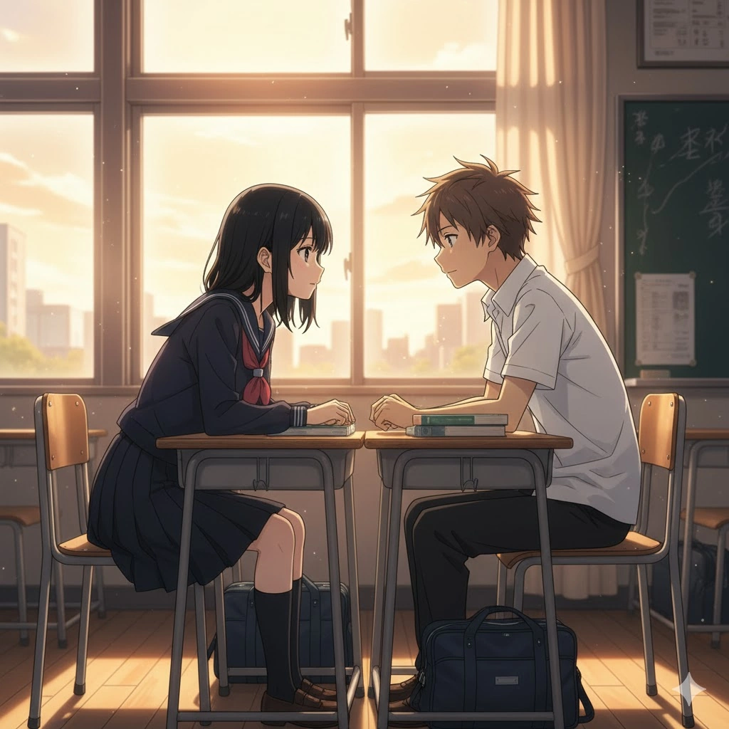 放課後の教室で、窓から差し込む夕日を背景に机を並べて座る制服姿の少年と少女。お互いの顔を見つめ合い、静かに語り合っているような親密な瞬間。