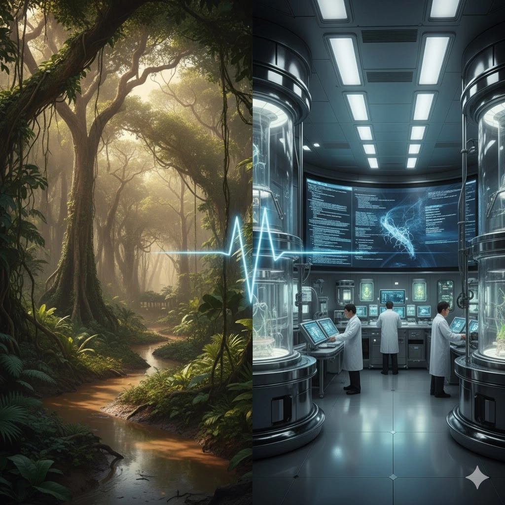 小説ジェノサイドの二元中継を象徴する、アフリカのジャングルと日本の近代的な研究室を対比させた画像。