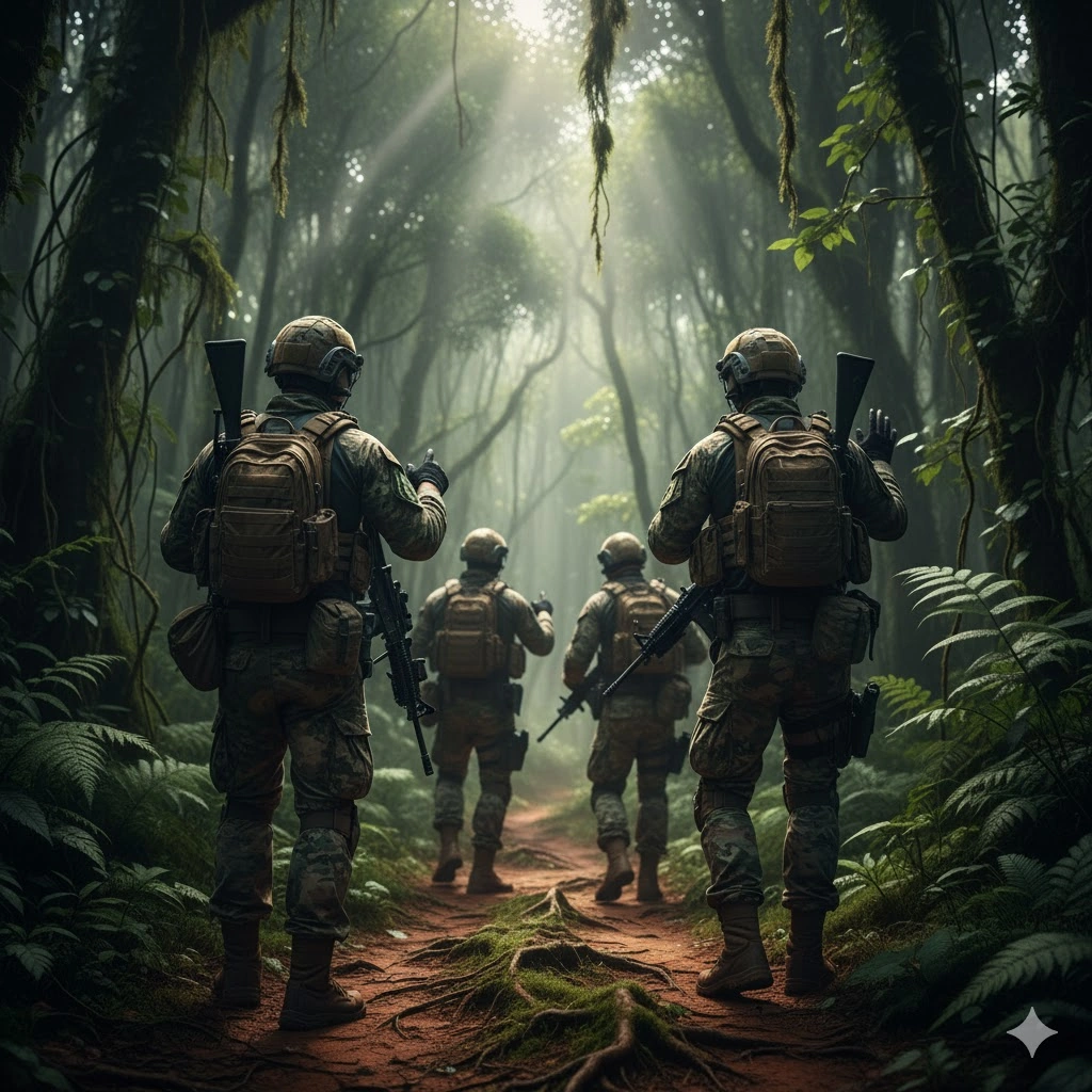 コンゴの鬱蒼としたジャングルの中を慎重に進む、重装備の傭兵チームの後ろ姿を描いた緊迫感のある画像。
