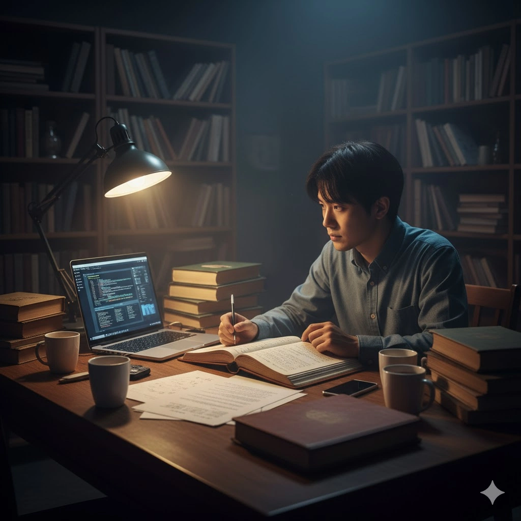 薄暗い地下書斎で、パソコンのデータと古いノートを見比べながら真剣に研究する日本の大学院生、古賀研人