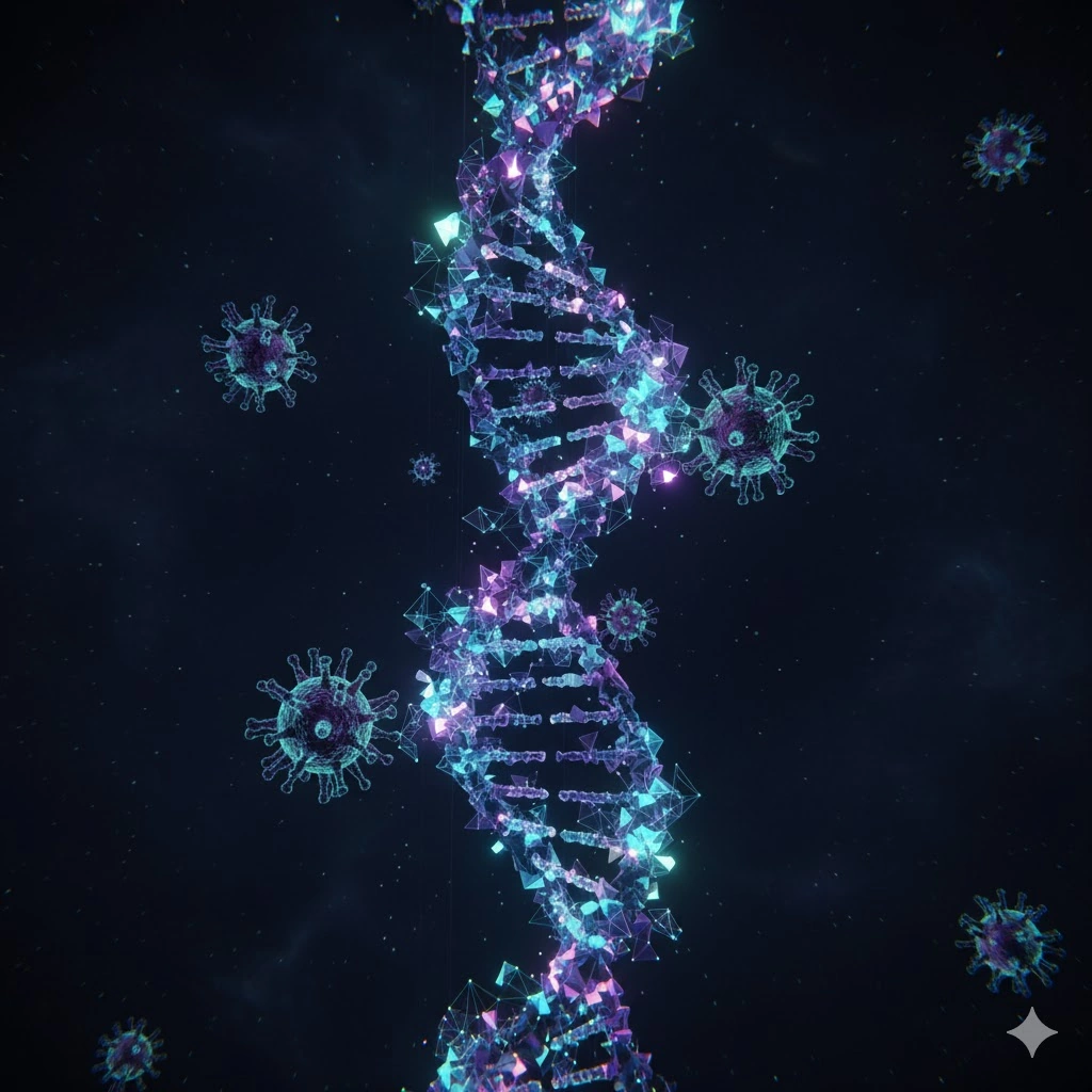 進化論、ゲノム解析、ウイルス学を象徴する、暗い背景に浮かび上がるDNA二重らせんとウイルスの抽象的なイメージ。