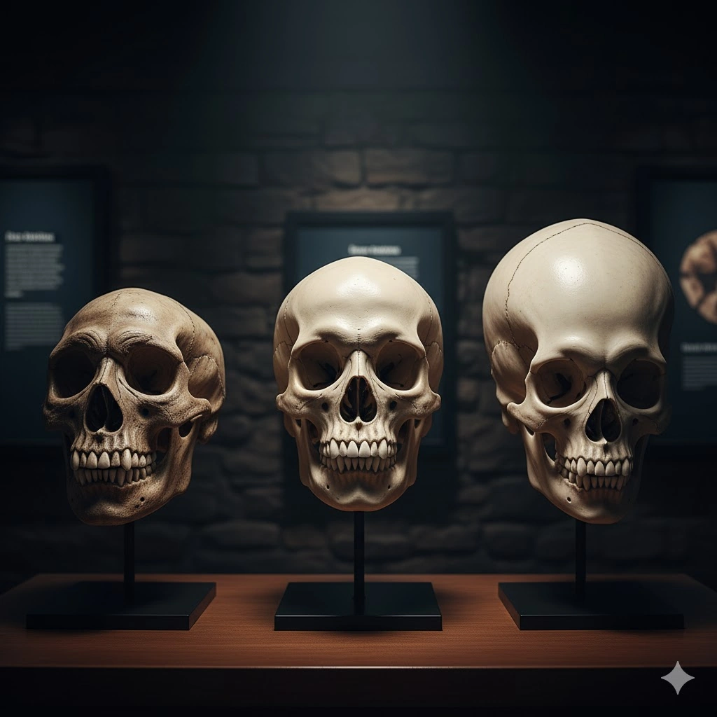 ホモ・サピエンスの頭蓋骨と、ネアンデルタール人や新人類を思わせる異なるヒト属の頭蓋骨を比較展示した画像。