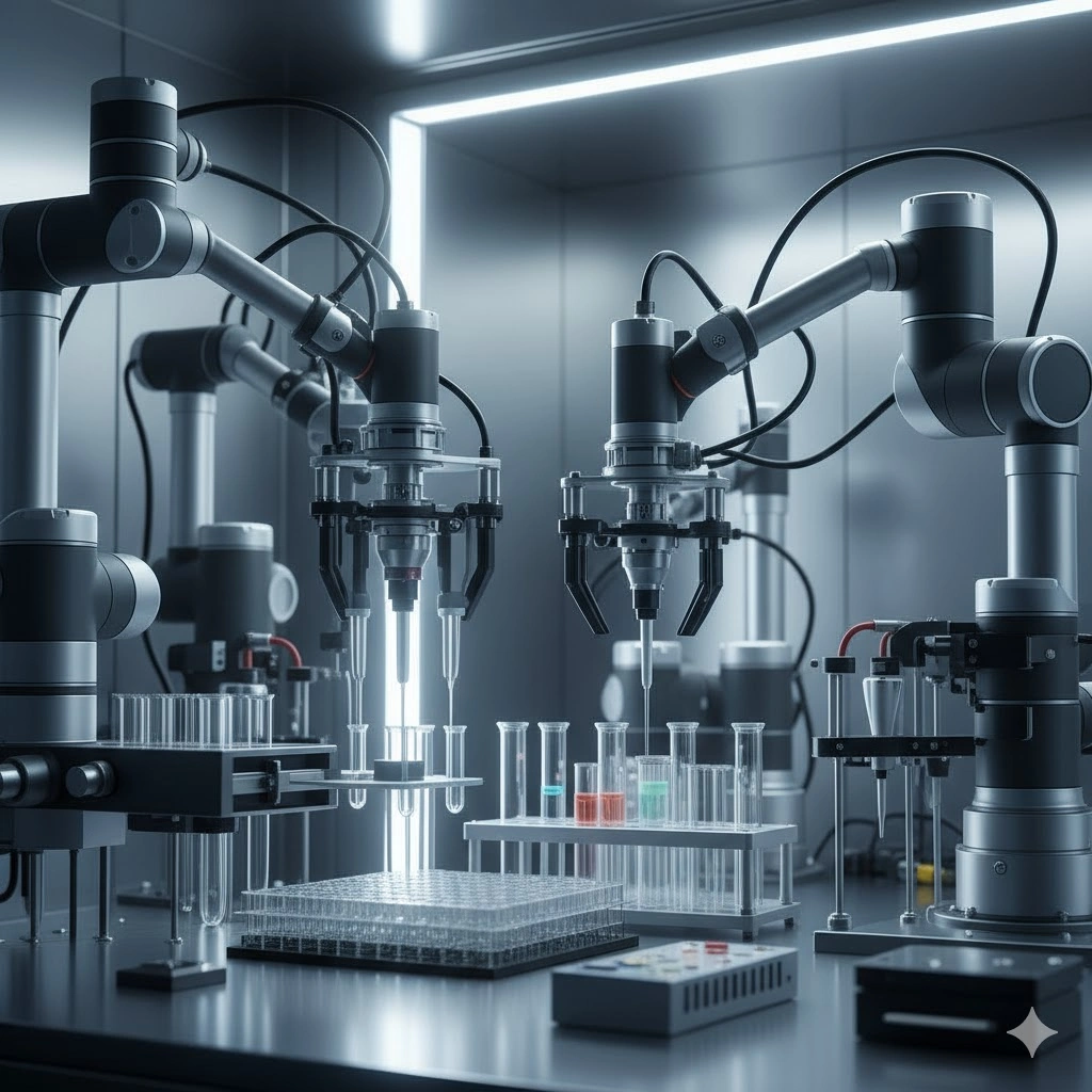近代的な創薬研究室で、精密機械が試験管やピペットを操作しているクリーンなクローズアップ画像。