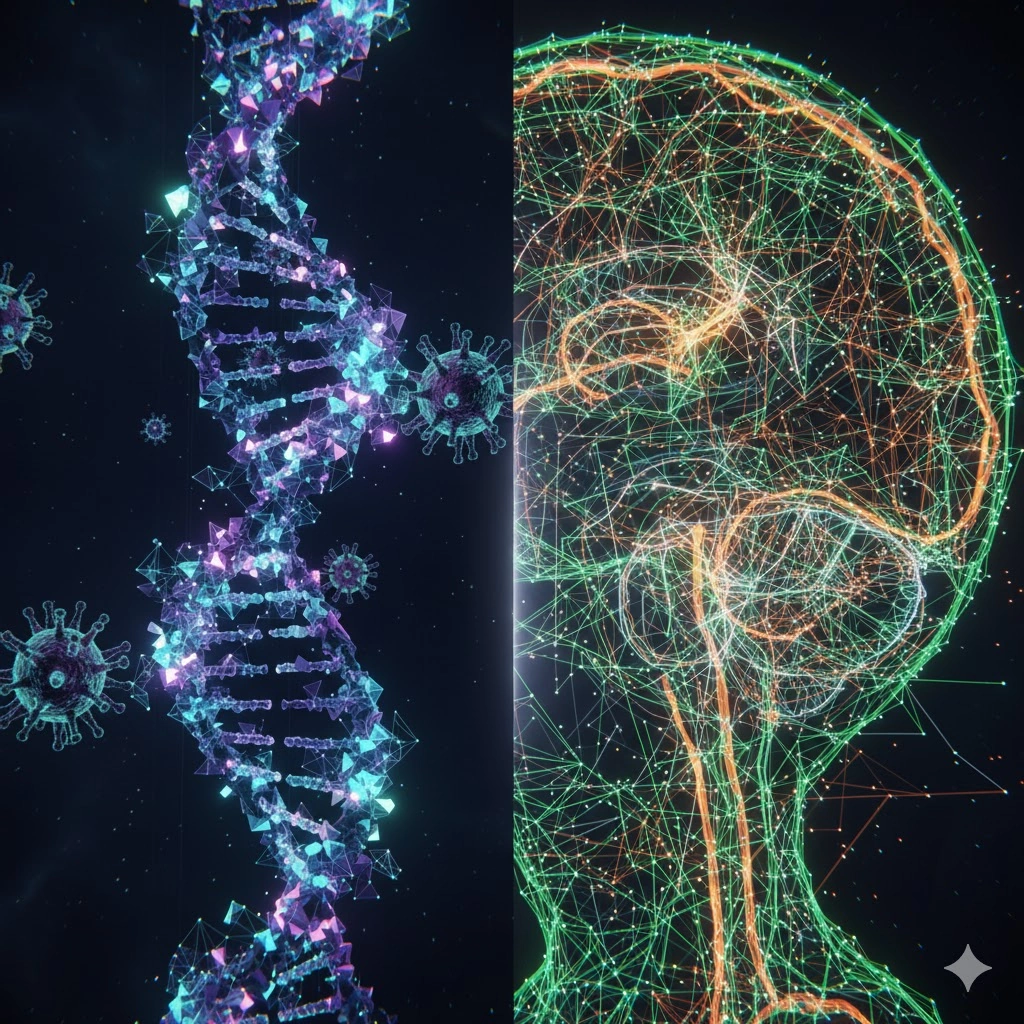 『ジェノサイド』の生物学的テーマ(DNA)と『虐殺器官』の言語的・脳科学的テーマ(脳のシナプス)を対比させた抽象的な比較画像