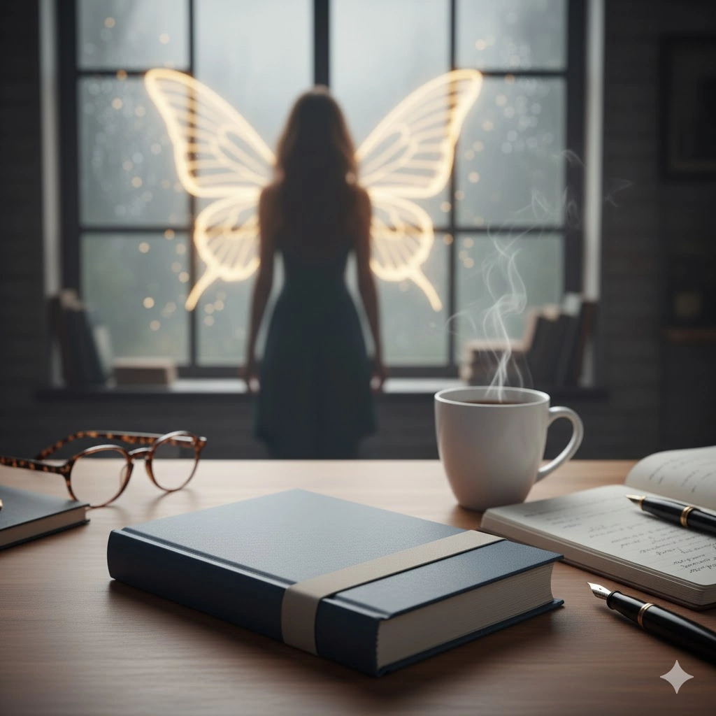 爾チレンの小説『神に愛されていた』が置かれた書斎のデスク。コーヒーカップとメガネ、ペンとノートも見える。窓の外には雨が降り、翼を持つ女性のシルエットがぼんやりと映っている。