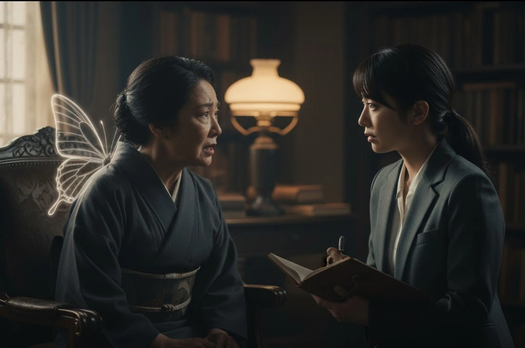 着物姿の年配女性が椅子に座り、感情的に何かを語っている。その背後には蝶のような光の翼がぼんやりと見える。向かいにはスーツを着た若い女性編集者が、真剣な表情でノートに書き込んでいる。