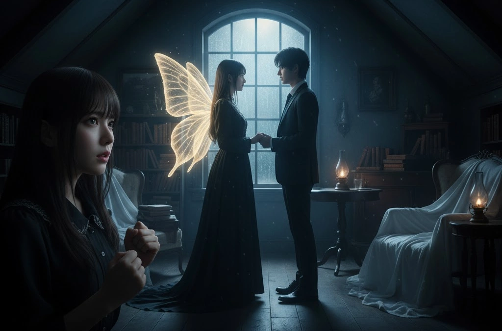 暗い屋根裏部屋のような空間で、女性が不安げにこちらを見ている。彼女の背後には、窓辺で手を取り合う男女の姿がある。女性の背中には光る蝶の翼が生えている。