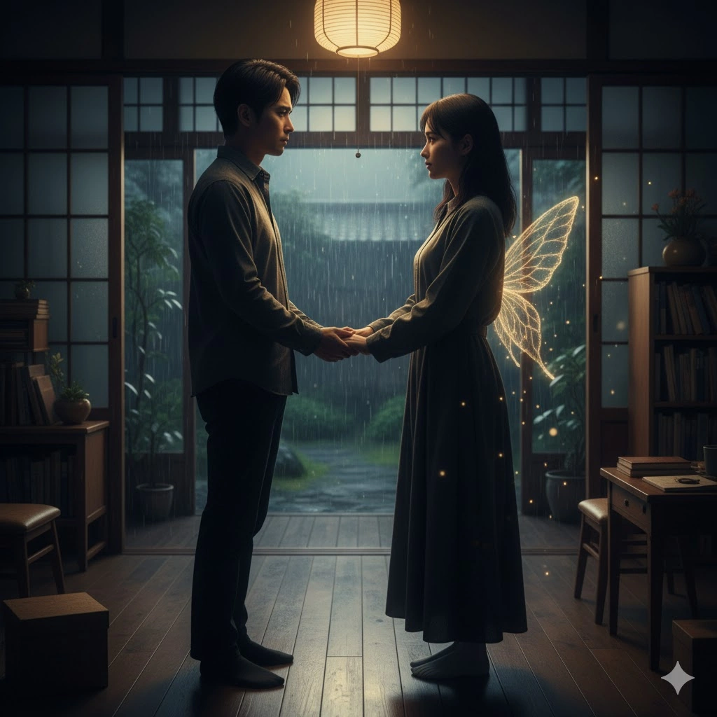 日本家屋の室内で、雨が降る庭を背景に男女が手を取り合っている。女性の背中からは光る蝶の翼が生えている。二人は真剣な表情でお互いを見つめ合っている。