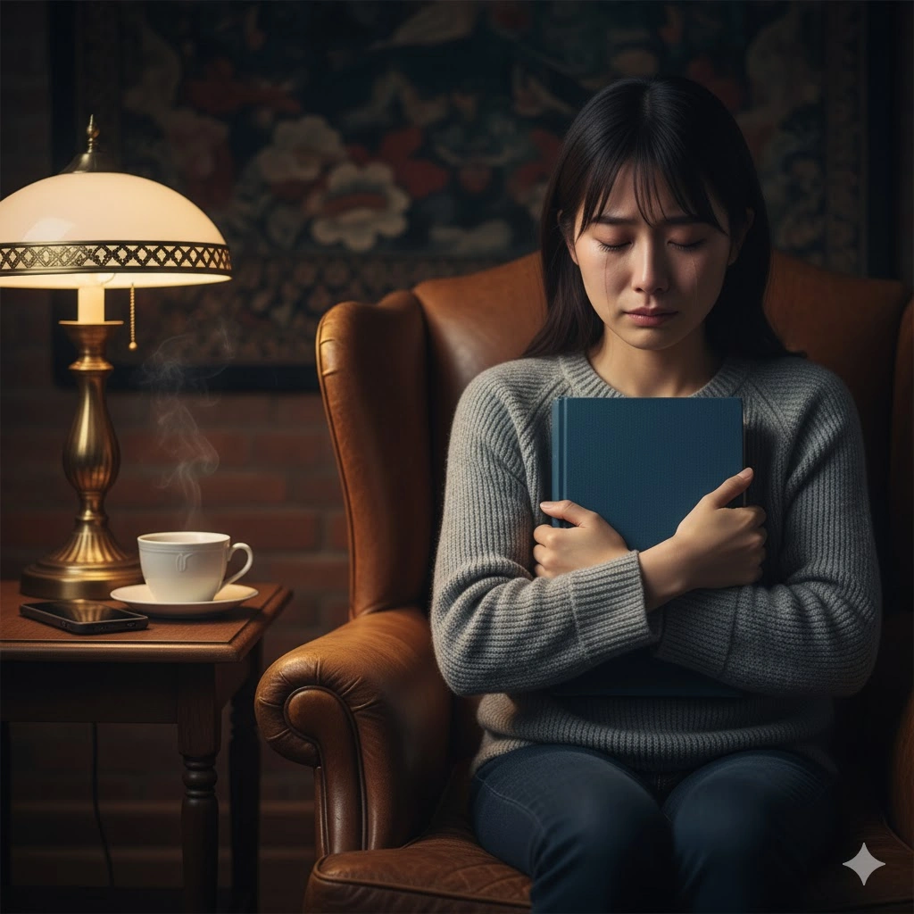 本『神に愛されていた』を抱きしめながら涙を流す若い日本人女性が、ソファに座っている。横にはコーヒーカップとスマートフォン、そしてランプが置かれたサイドテーブルがある。