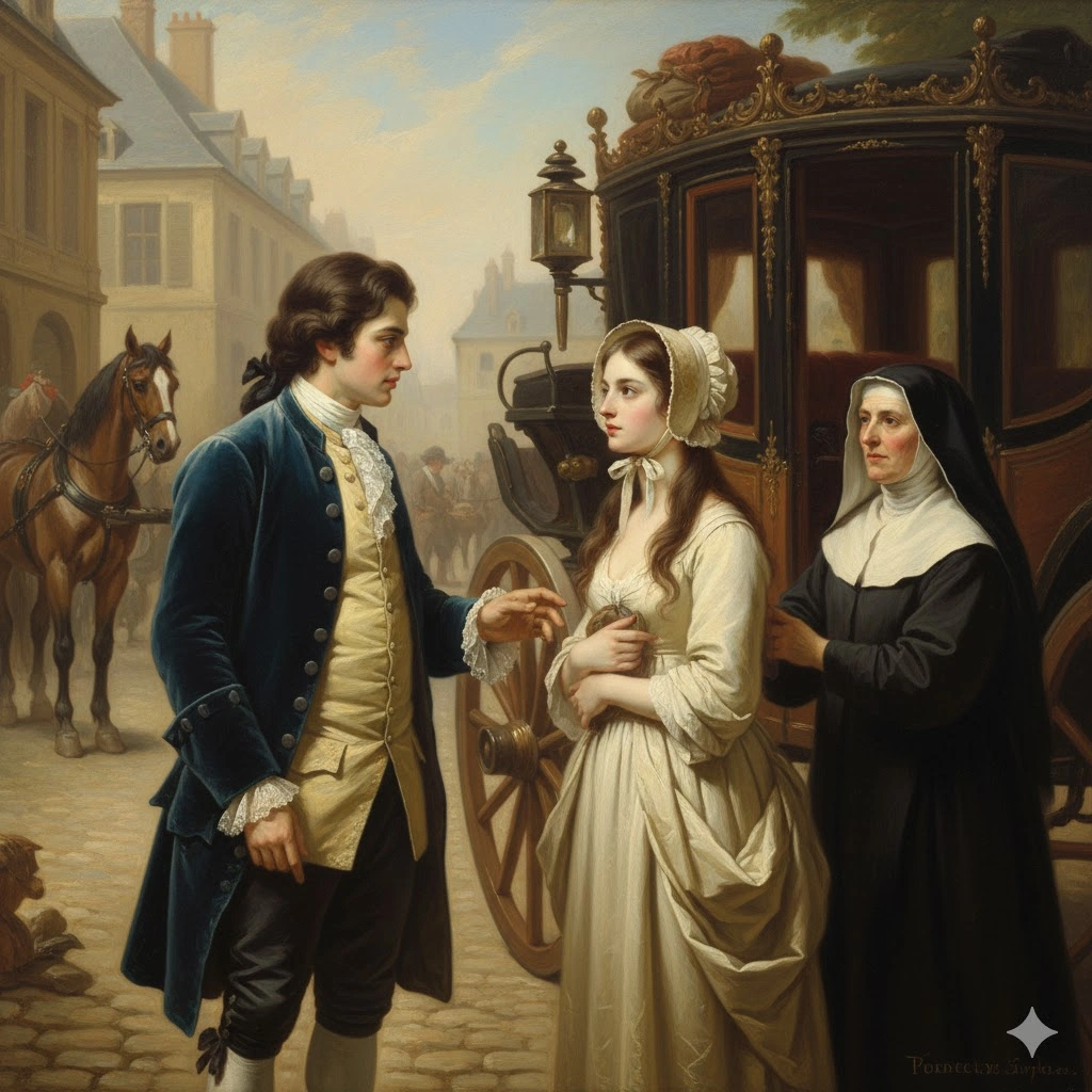 18世紀フランスのアミアンの宿駅で、貴族の青年デ・グリューが、修道院へ向かう途中の美しい少女マノン・レスコーと運命的に出会っている場面。