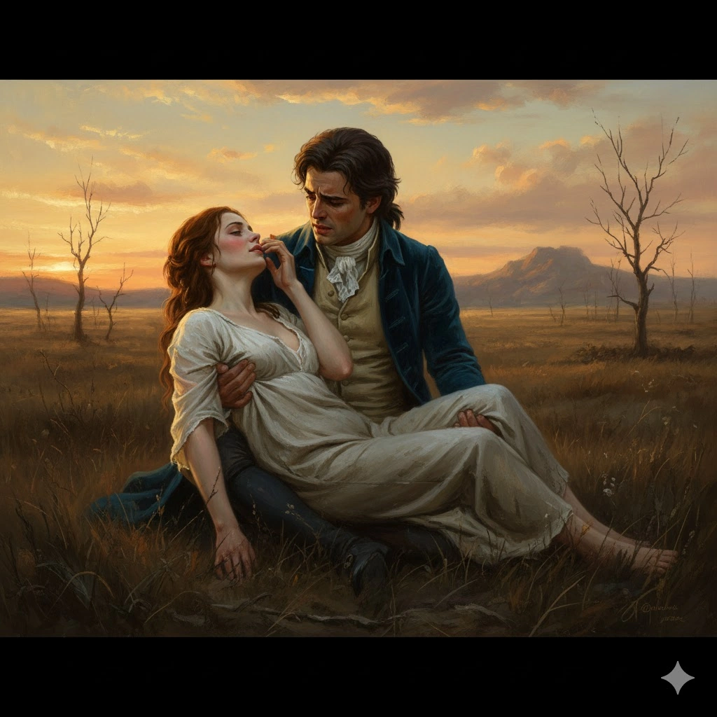 広大な荒野で、衰弱しきったマノンがデ・グリューの腕の中で息絶えようとしている。夕焼けが悲劇的な情景を照らす。