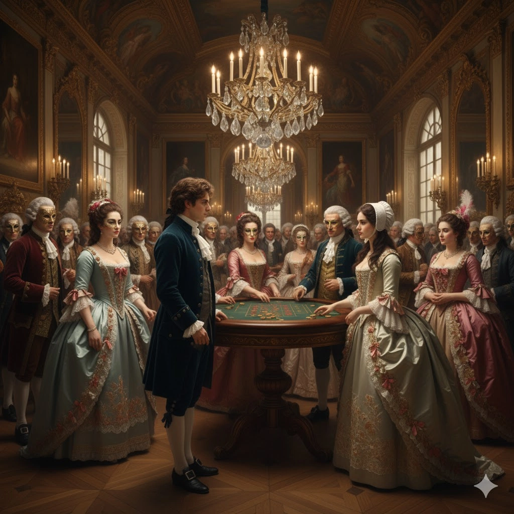 18世紀フランスの摂政時代、豪華なシャンデリアが輝く邸宅で、貴族たちが賭博に興じている華やかなパーティの様子。