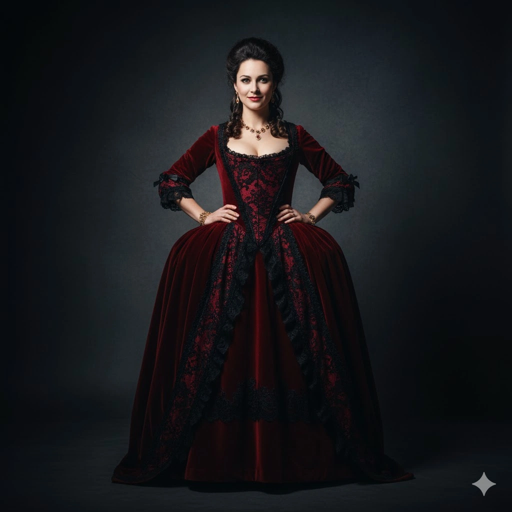 深紅の豪華なドレスを身につけた、魅惑的な「ファム・ファタル」のイメージ。堂々としたポーズで立つ女性。