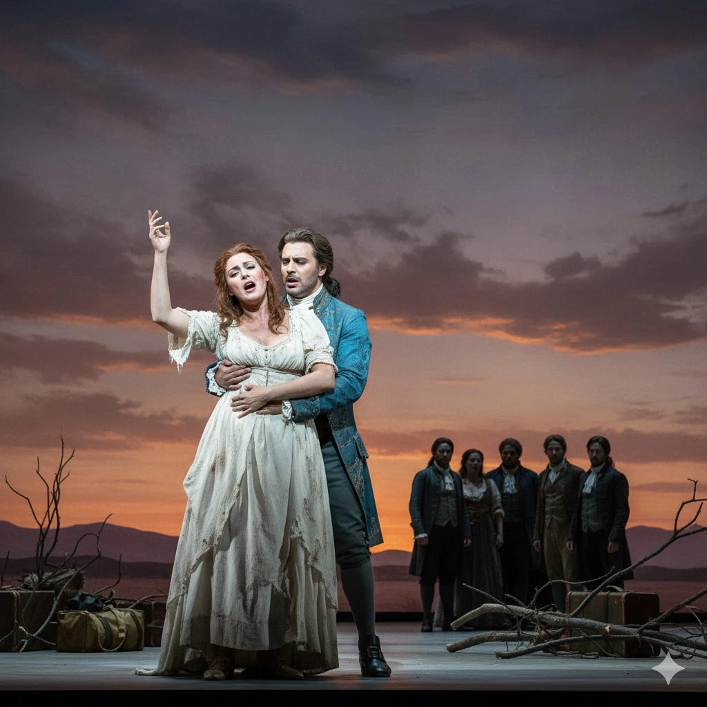 オペラ『マノン・レスコー』の舞台。夕焼けを背景に、マノンとデ・グリューが情感豊かに歌い上げている。遠景には護送される人々がいる。