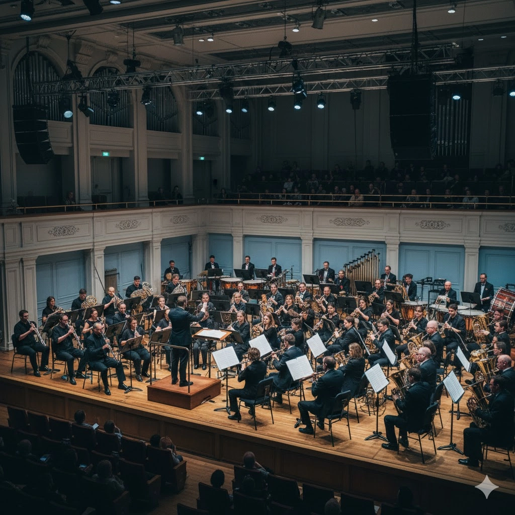 コンサートホールで吹奏楽団がプッチーニの『マノン・レスコー』第3幕への間奏曲を演奏している。指揮者がステージ中央に立つ。