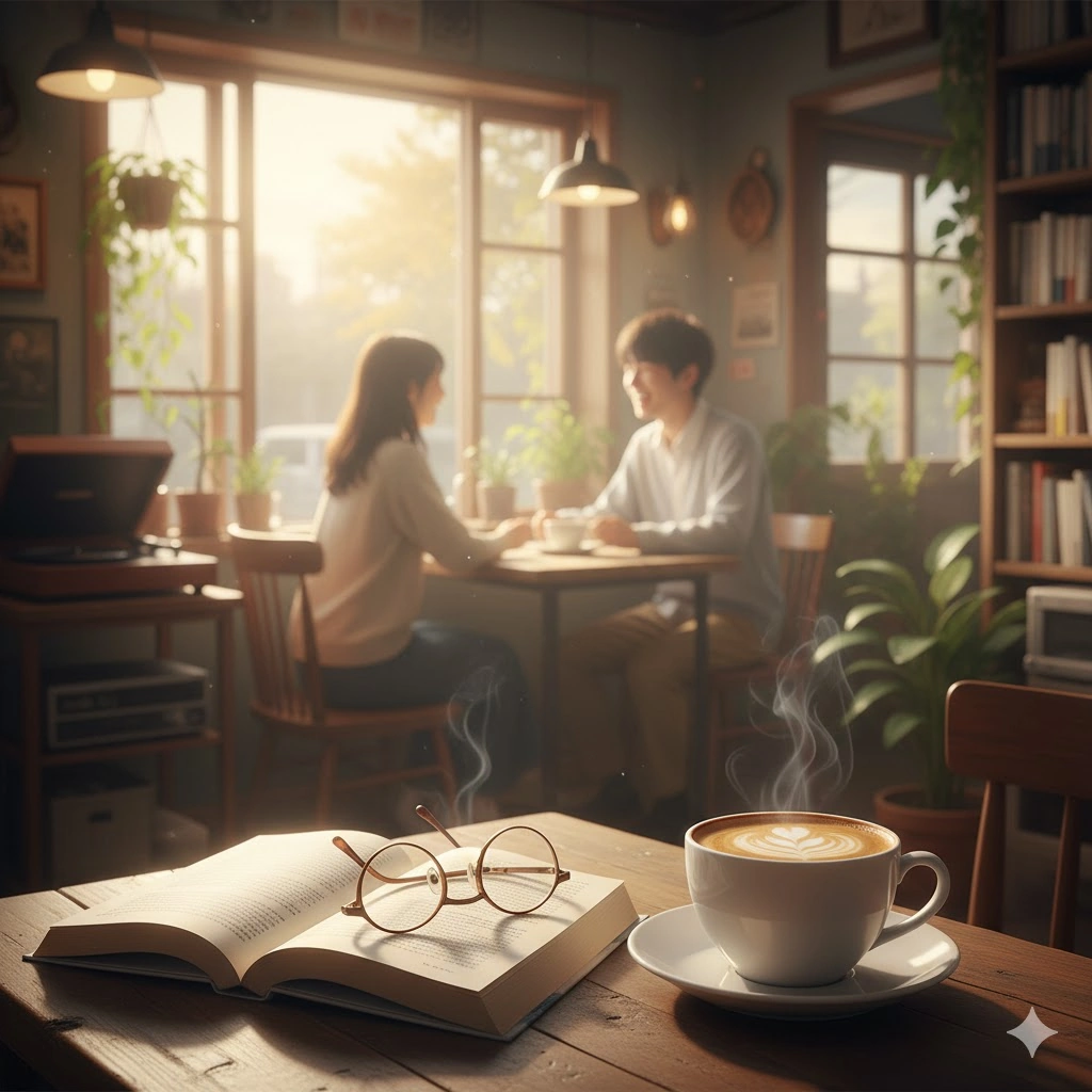 から光が差し込むレトロな喫茶店で、コーヒーカップと開かれた本が置かれたテーブルと、奥で談笑するカップルの様子