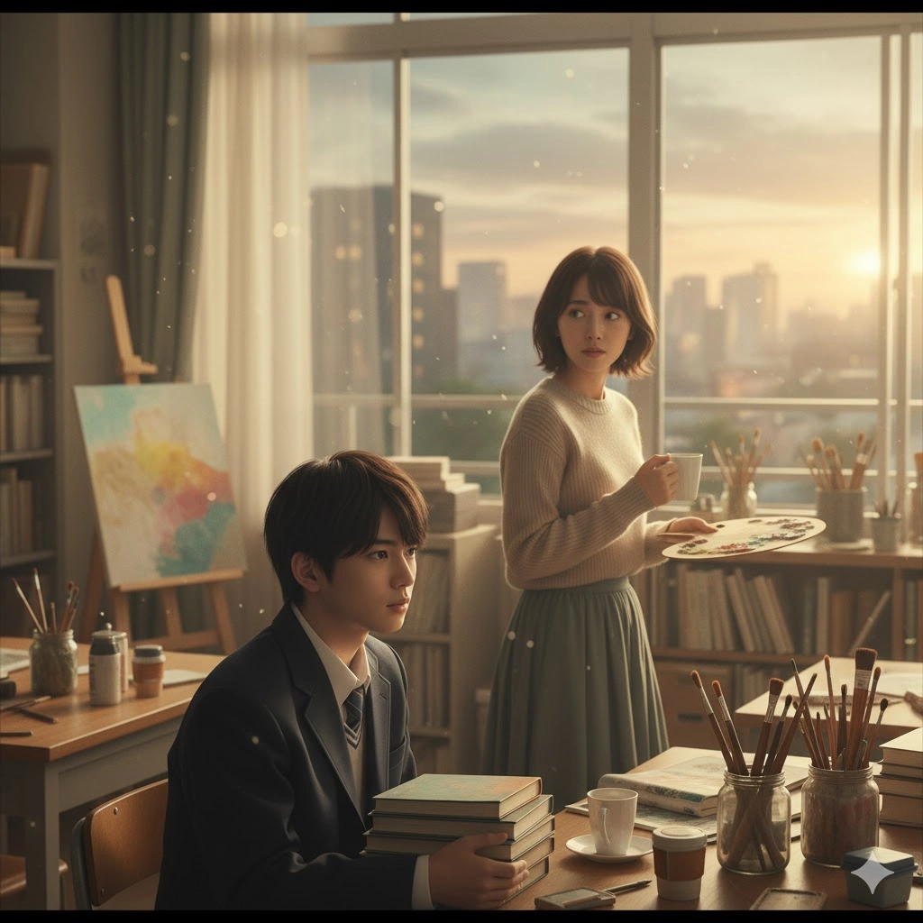 美術室で、絵の具のパレットを持った女性教師が生徒を見つめている。生徒は制服姿で本を抱え、窓の外の夕焼けを見ている。