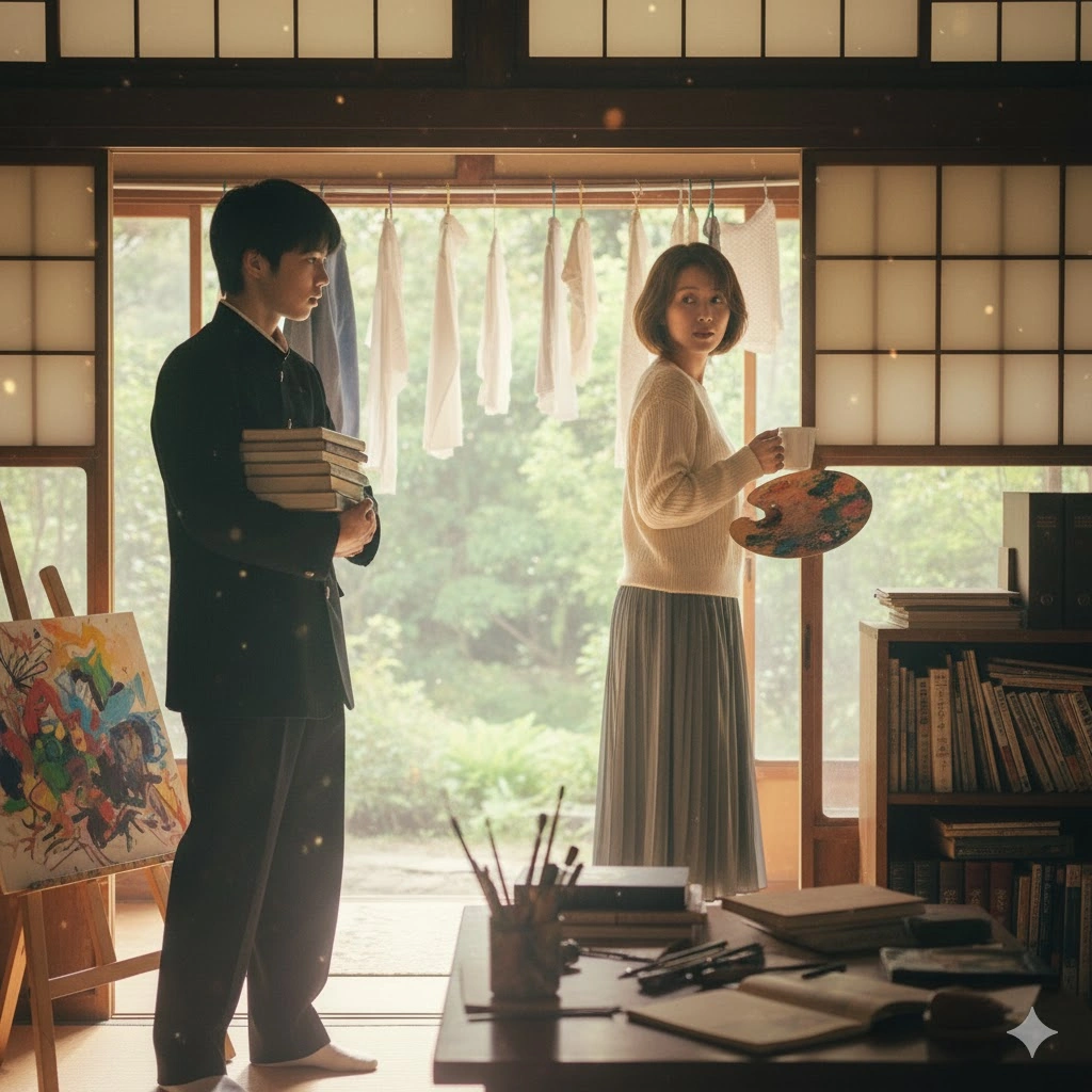 和室のような空間で、制服を着た男子生徒と絵の具のパレットを持った女性が向き合っている。窓の外には洗濯物が干されている。