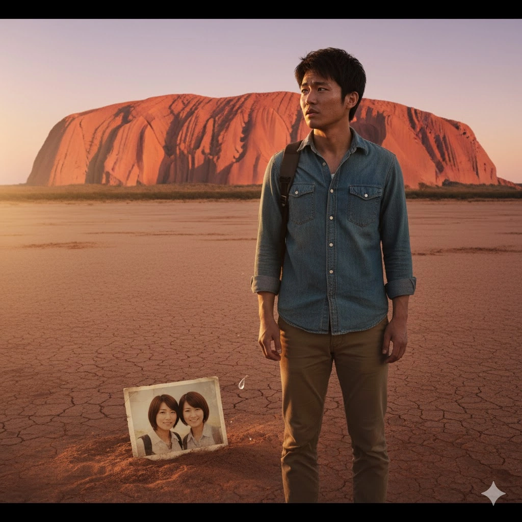 エアーズロックを背景に、広大なひび割れた大地に立つ日本人男性。地面には古い写真が埋もれており、そこには二人の女性が写っている。