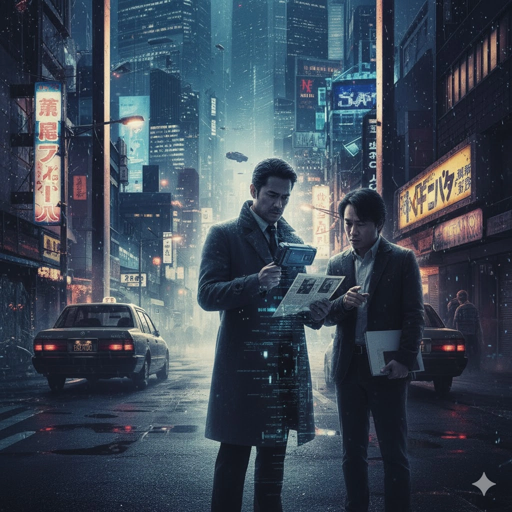 雨が降る夜の六本木の街中で、2人の日本人男性が古い資料を真剣な表情で見ている。一人はコート姿、もう一人はスーツ姿で、未来的なデバイスも見える。
