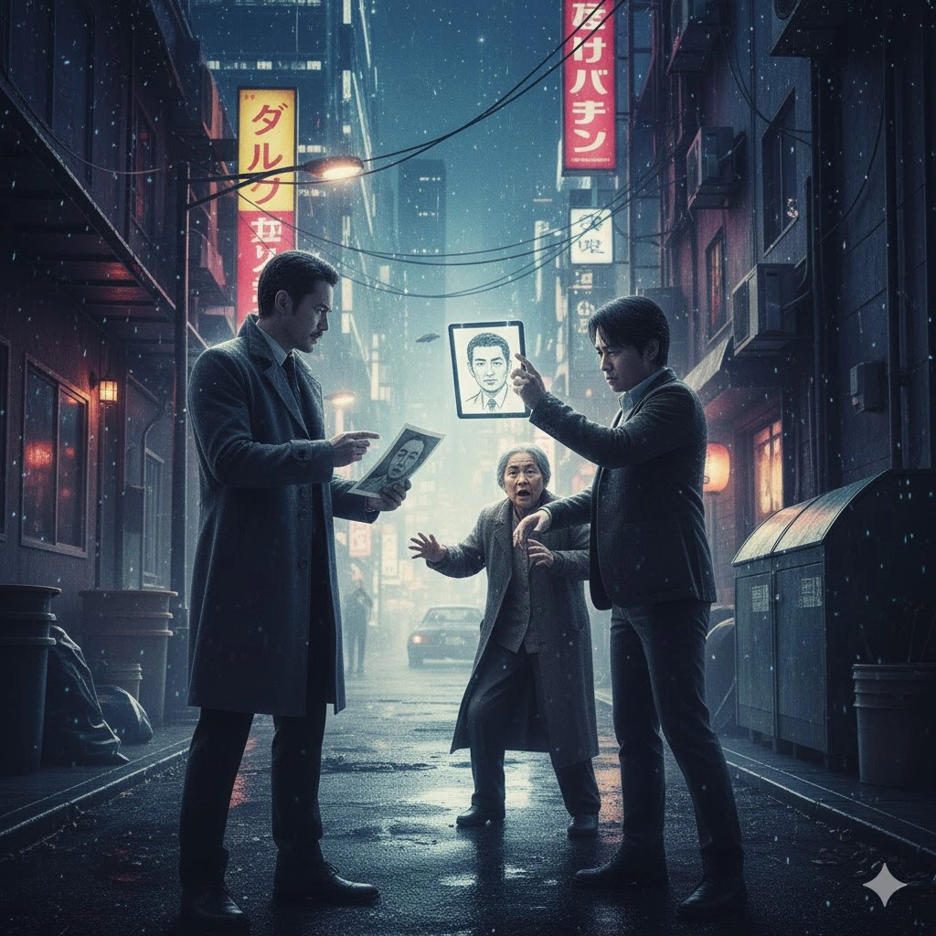 雨の降る夜の路地裏で、日本の私立探偵風の日本人男性2人が、タブレットに表示された人物の顔写真を見せながら、驚いた表情の高齢の女性に尋ねている。