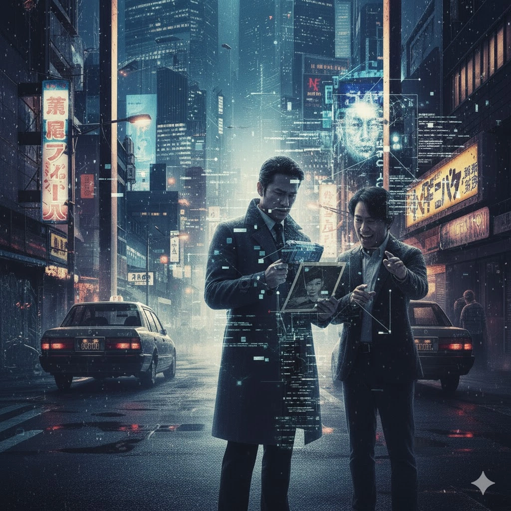 雨が降る夜の六本木の街中で、2人の日本人男性が古い資料を見ている。彼らの周囲には、データやコードのようなホログラムが飛び交い、浮かび上がる過去の記憶や情報を視覚的に表現している。