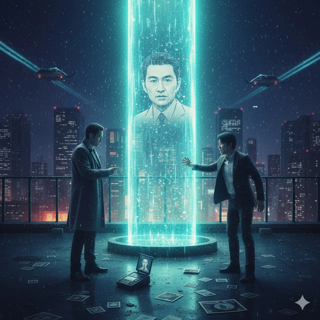 雨が降る夜、ビルの屋上で2人の日本人男性が、空から降り注ぐSF的な光の柱に囲まれている。光の中には男性の顔が浮かび上がり、床には散らばった資料と開かれたノートパソコンが見える。