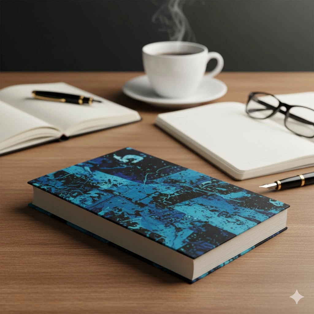 木目のテーブルに置かれた青と黒のアートカバーの書籍。奥には湯気の立つコーヒーカップと開かれたノート、万年筆、眼鏡がある。