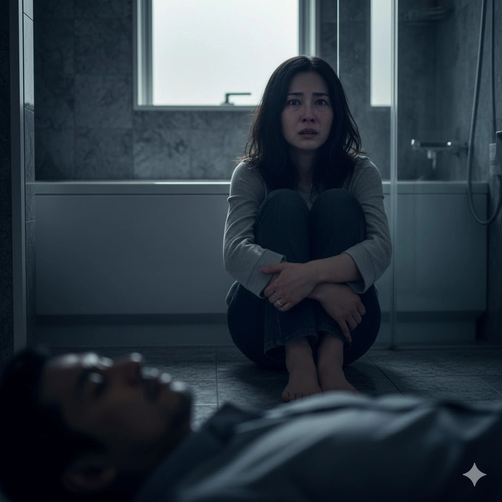 薄暗い浴室で、床に倒れている男性の傍らで絶望した表情で座り込んでいる日本人女性。