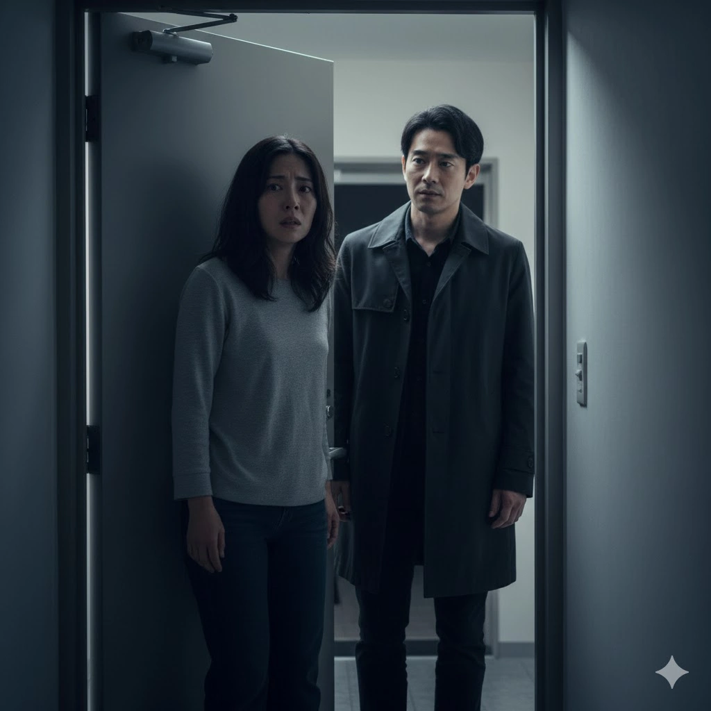 玄関の開いたドアの前に立ち、不安そうな表情を浮かべる日本人女性と、その隣に立つ冷静な表情の日本人男性。